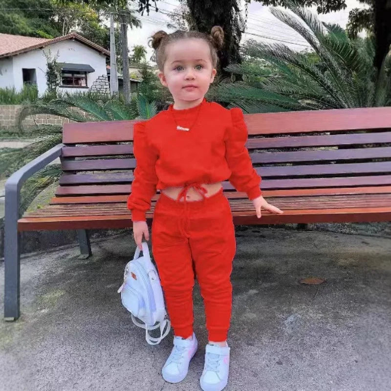 Children's Kids Girls Fall Clothing Outfits Solid Color Long Sleeve Crop Tops+Sport Pants Trousers Fashion Clothes Sets 1-7Y