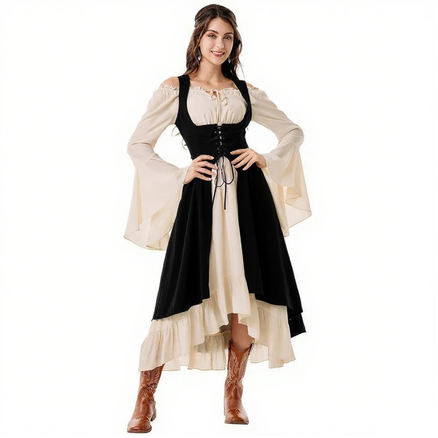 Womens Vintage Cosplay Party Costumes Halloween Pirate Costume Captain Huntress Clubwear Corset Dresses  Renaissance GothicLong