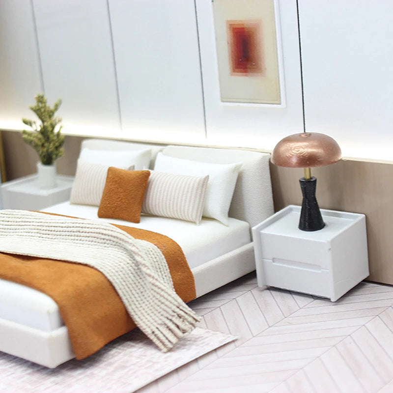 Dollhouse Cream Color Double Bed Model For Bedroom Micro Landscape Scene Miniature Furniture Doll Accessories