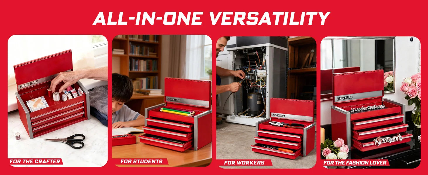 Geinxurn Mini Tool Box, Red Portable 3 or 5 Drawer Micro Roll Cab Steel Stackable Tool Cases with Magnetic Tab Locking