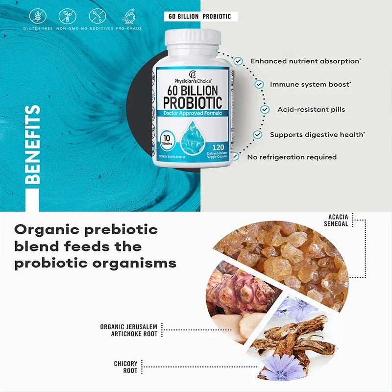 Probiotics 60 Billion CFU - 10 Strains + Organic Prebiotics, Immune, Digestive, Gut Health, Supports Constipation, Gas, Bloating