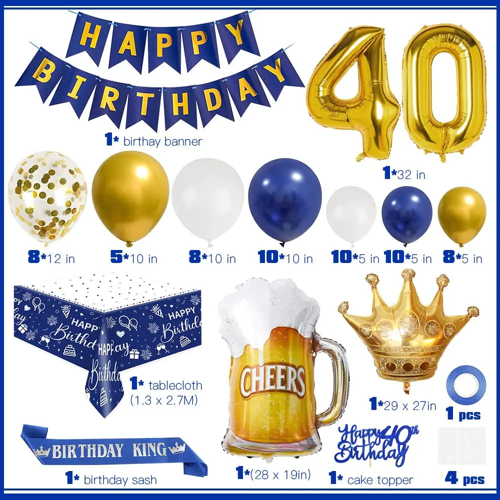 Men 30th 40th Birthday Decorations Night Blue Gold Birthday Balloon Garland Kit with Birthday Shoulder Strap and Tablecloth