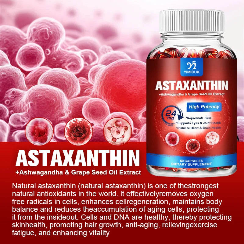 Astaxanthin 24 Mg Capsules, with Grape Seed Oil & Ashwagandha Root Extract, for Healthy Vision, Boosts lmmunity, Radiant Skin