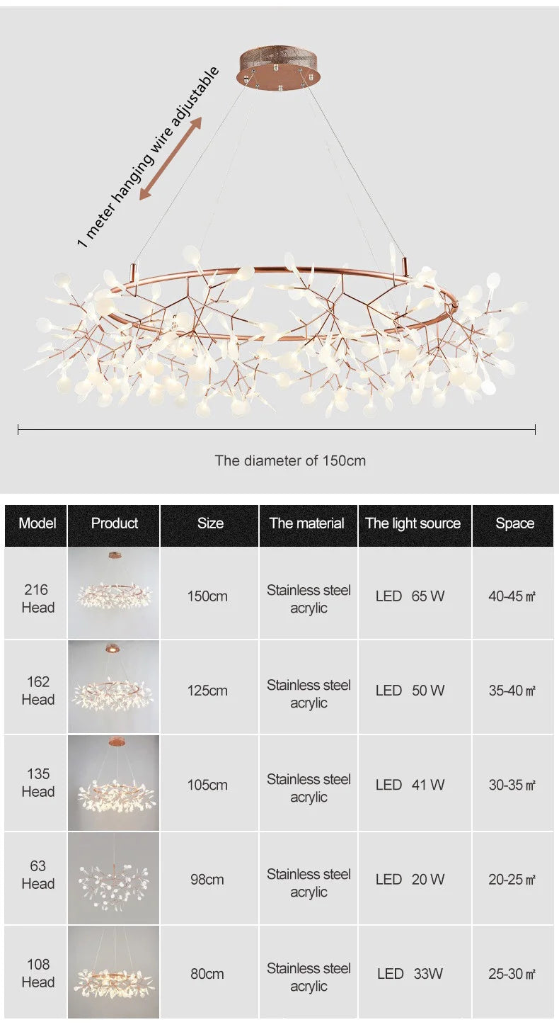 Nordic LED Firefly Ceiling Chandelier Modern Living Dining Room Pendant Lamp Bedroom Hanging Light Lustre Home Decor Fixture2023