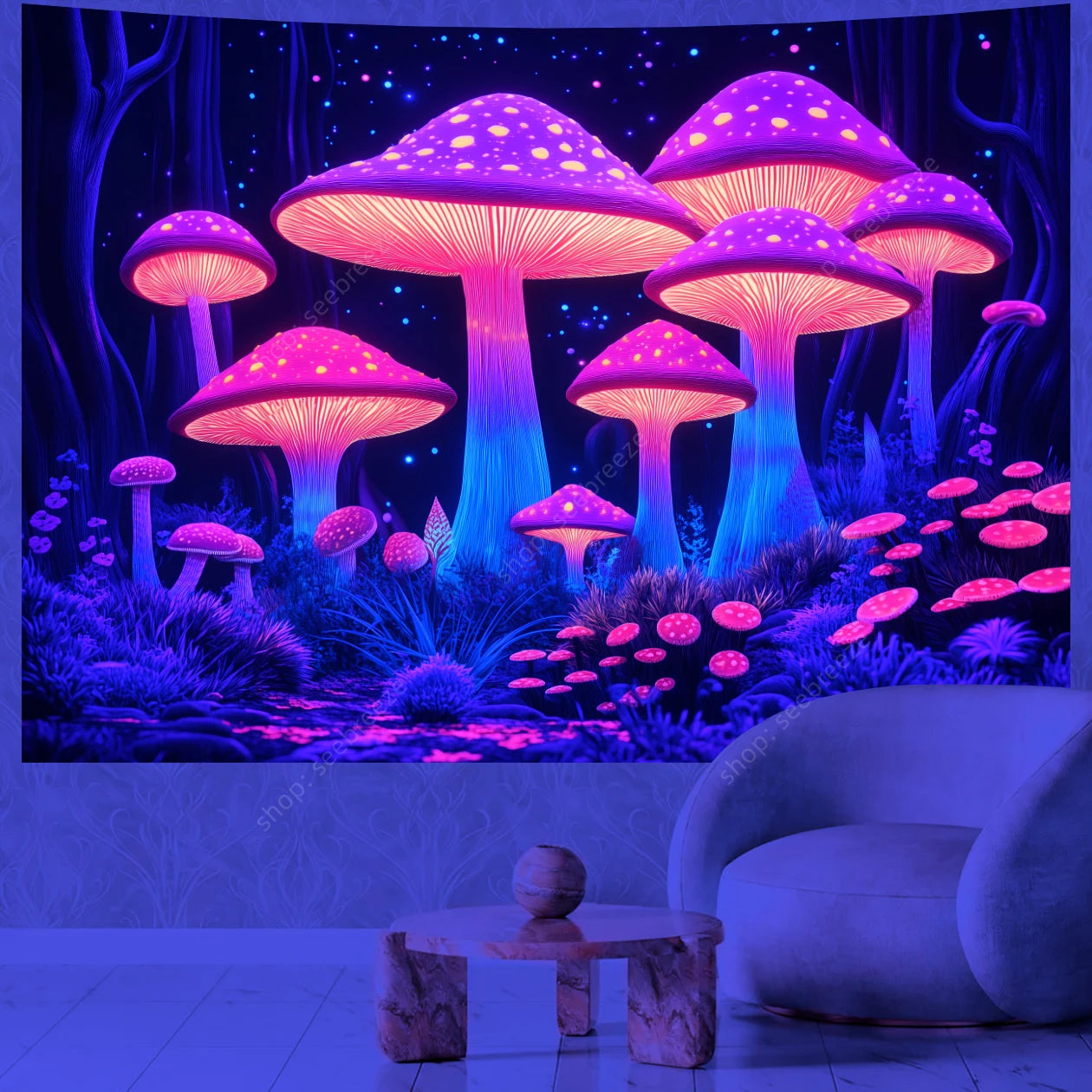 Fantasy Mushroom UV Reactive Tapestry Beautiful Floral Plant Tapestry Wall Hanging Gothic Home Wall Decor Room Decor Aesthetic