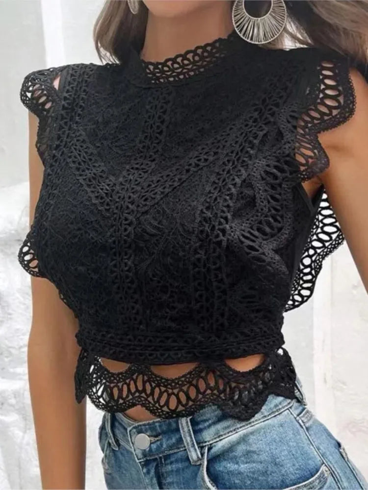 Summer Sexy Lace Hollowing Out Top Woman's Fashion Solid Color O-neck Sleeveless Blouses Ladies Foreign Styl Versatile Shirts