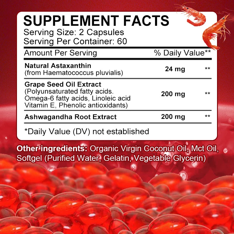 Astaxanthin 24 Mg Capsules, with Grape Seed Oil & Ashwagandha Root Extract, for Healthy Vision, Boosts lmmunity, Radiant Skin