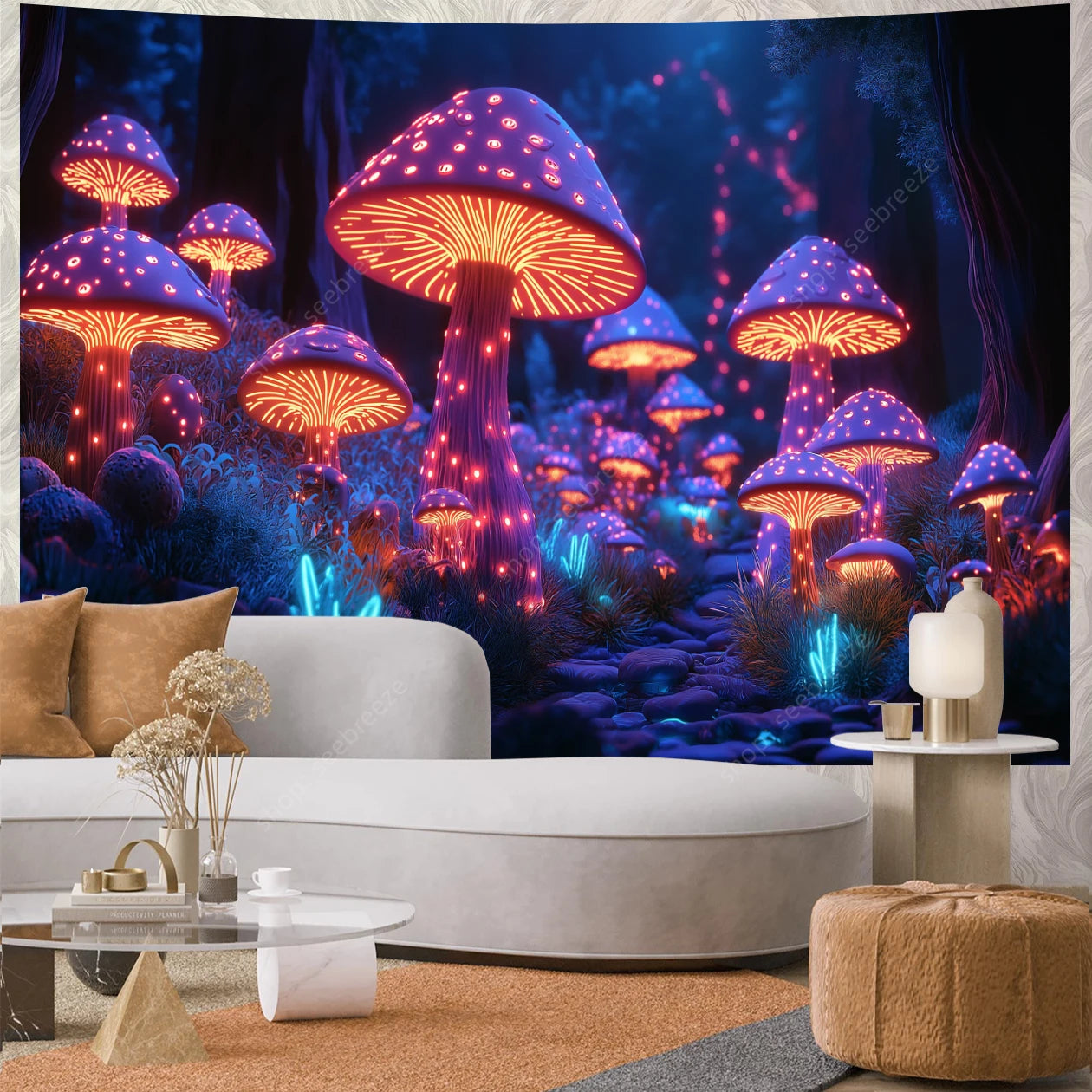 Fantasy Mushroom UV Reactive Tapestry Beautiful Floral Plant Tapestry Wall Hanging Gothic Home Wall Decor Room Decor Aesthetic