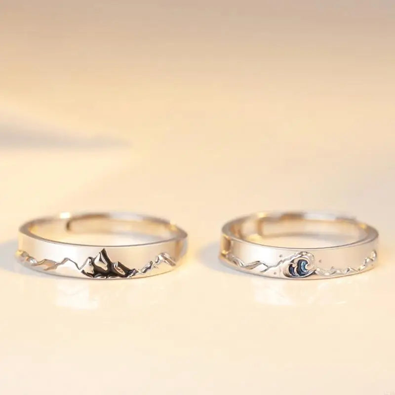 2 Pcs Couple Rings Mountains Seas Ring Jewelry Set Adjustable His Her Matching Ring for Lover