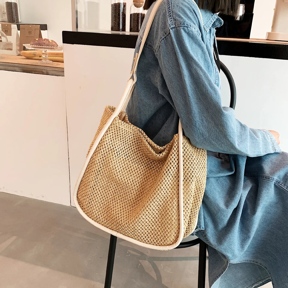 Summer Large Beach Bag Ladies Designer Tote Straw Woven Hollow Shoulder Out Soft Large Capacity Vacation Shopping Handbag Purse