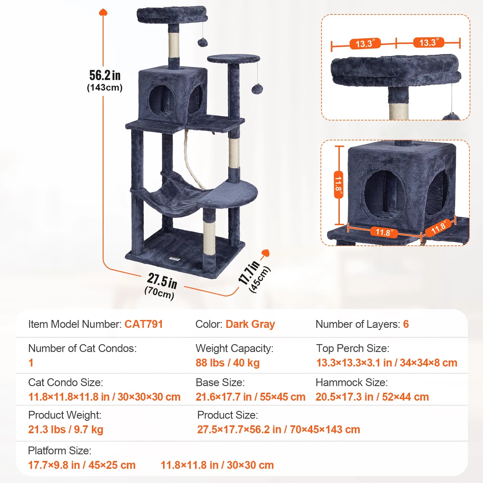 SucceBuy Cat Tree for Indoor Cats Cat Tower with Cat Condo Sisal Scratching Post HammockTop Perch Jumping Platforms Dark Grey