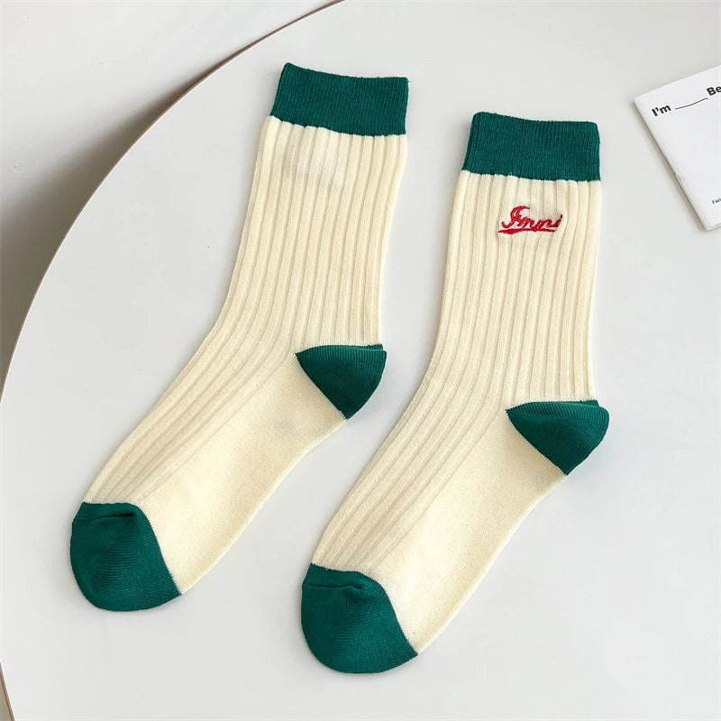 Socks For Women New Fashion Autumn Striped Cotton Long Socks Breathable Soft Korean Style Cute Embroidery Girls Casual Comfort