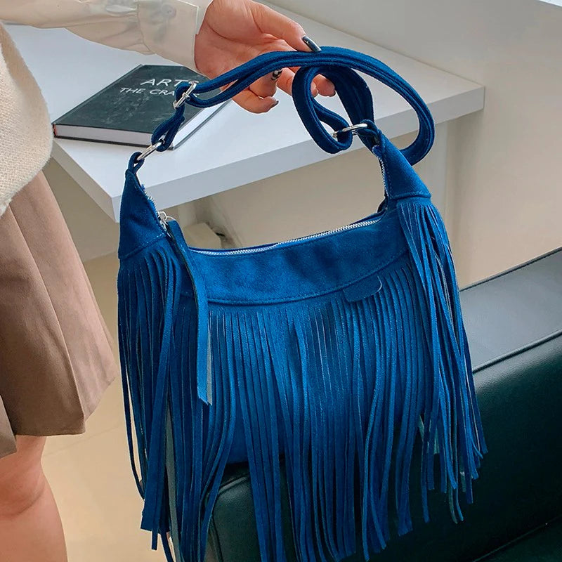 JIEROTYX Decor Fringe Trim Crossbody Purse Bag for Women Vintage Tassel Faux Suede Handbag Messenger Shoulder Bags