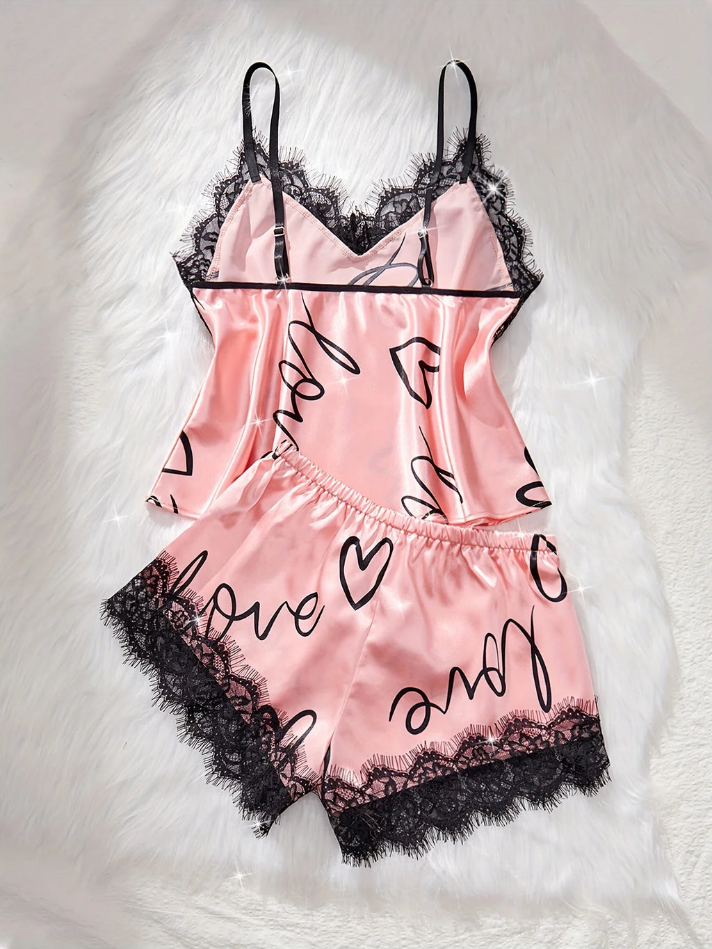 Women‘s Milk Silk Pajamas Set Summer Sleeveless Yellow Heart Print Lace Trim Soft Summer Sleepwear Lounge Sets Nightwear