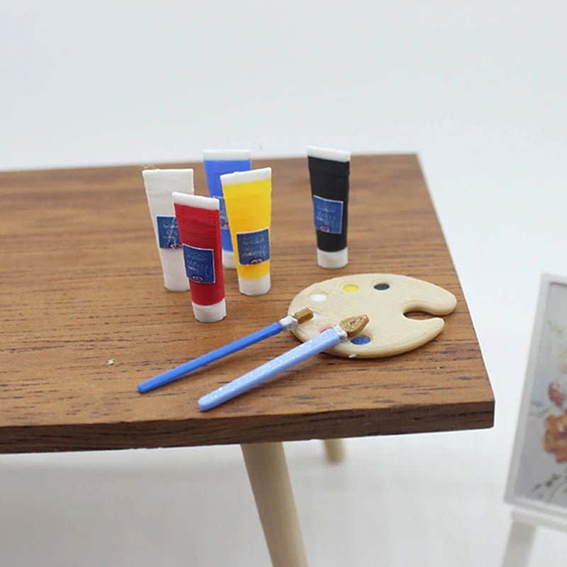 1/12 Mini Dollhouse Art Supplies; Pigment Tube, Brush, Palette Model; Ideal Dolls House Draw Room Decoration Accessories