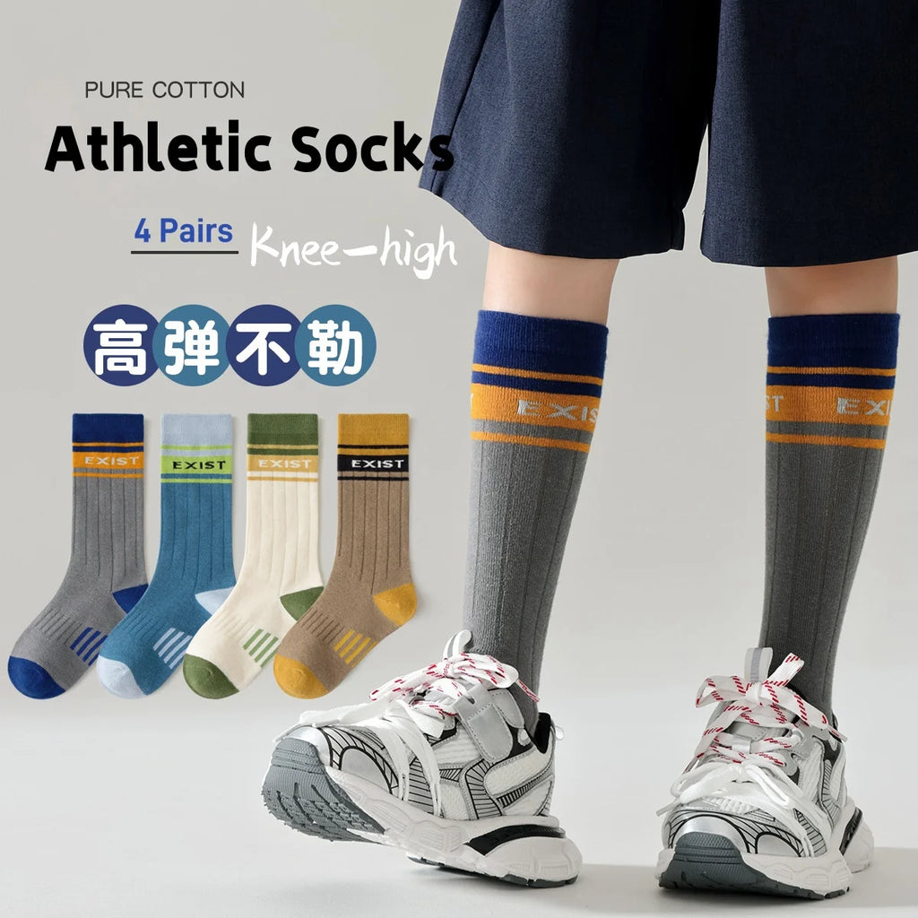 4 Pairs Long Socks Children's Newest Tennis Socks Knee Socks Cotton Striped Sporty Socks Boys Girls Skating Athletic Socks