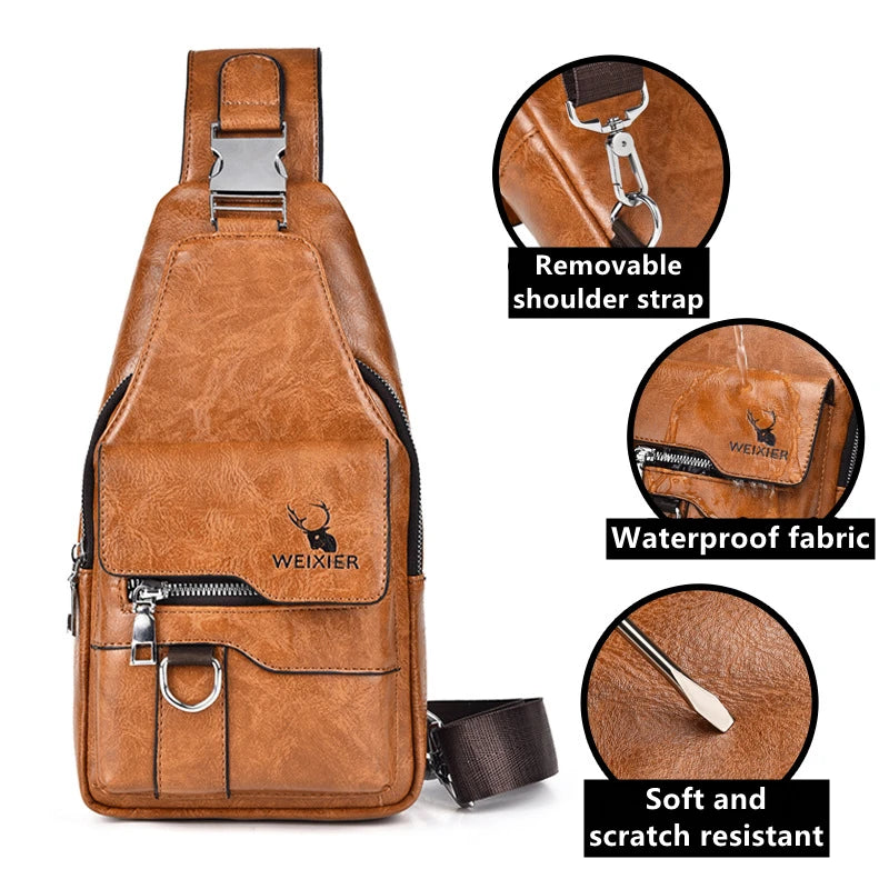 New PU Leather Crossbody Bag Vintage Casual Chest Bag Men Women Large Capacity Waterproof Sling Bag Simple Business Shoulder Bag