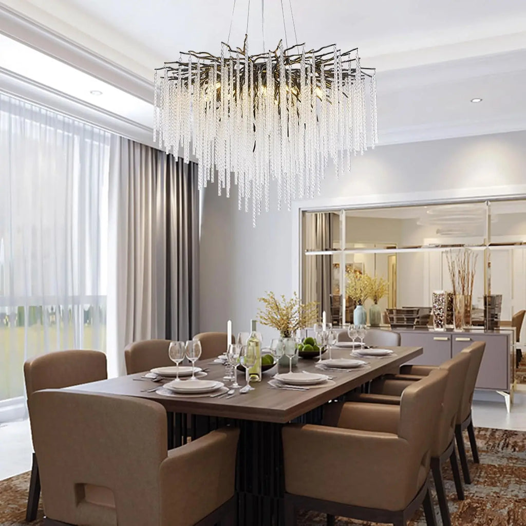 Long Crystal Branch Chandeliers For Dining Room Kitchen Table, Modern Black Crystal Hanging Chandelier Living Room Bedroom