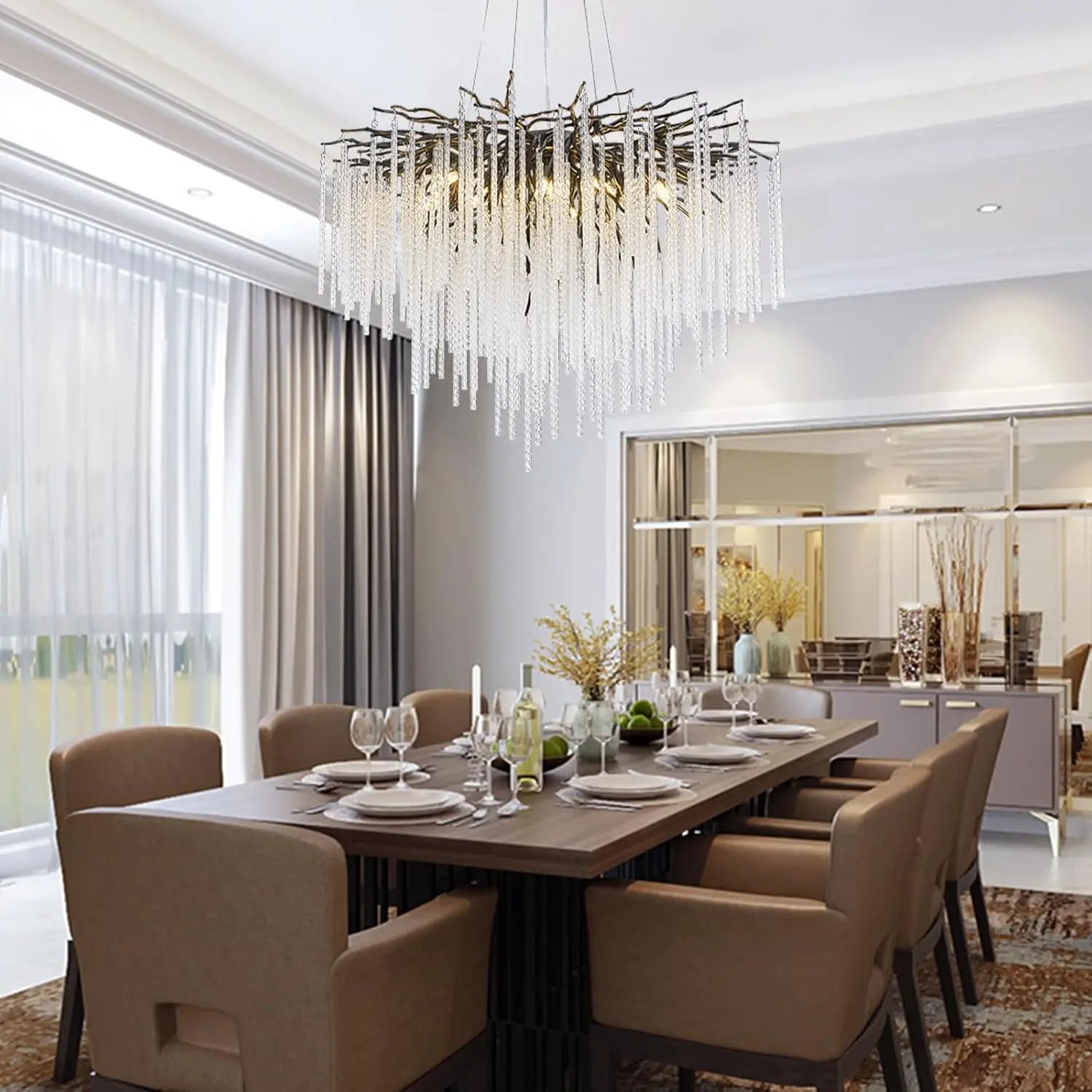 Long Crystal Branch Chandeliers For Dining Room Kitchen Table, Modern Black Crystal Hanging Chandelier Living Room Bedroom