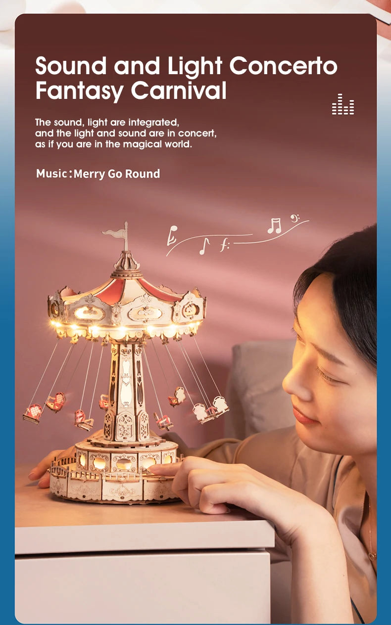 Robotime Rokr Swing Ride DIY Music Box Building Block Amusement Park Series for Kids Adults Gift Easy Assembly 3D Wooden Puzzle