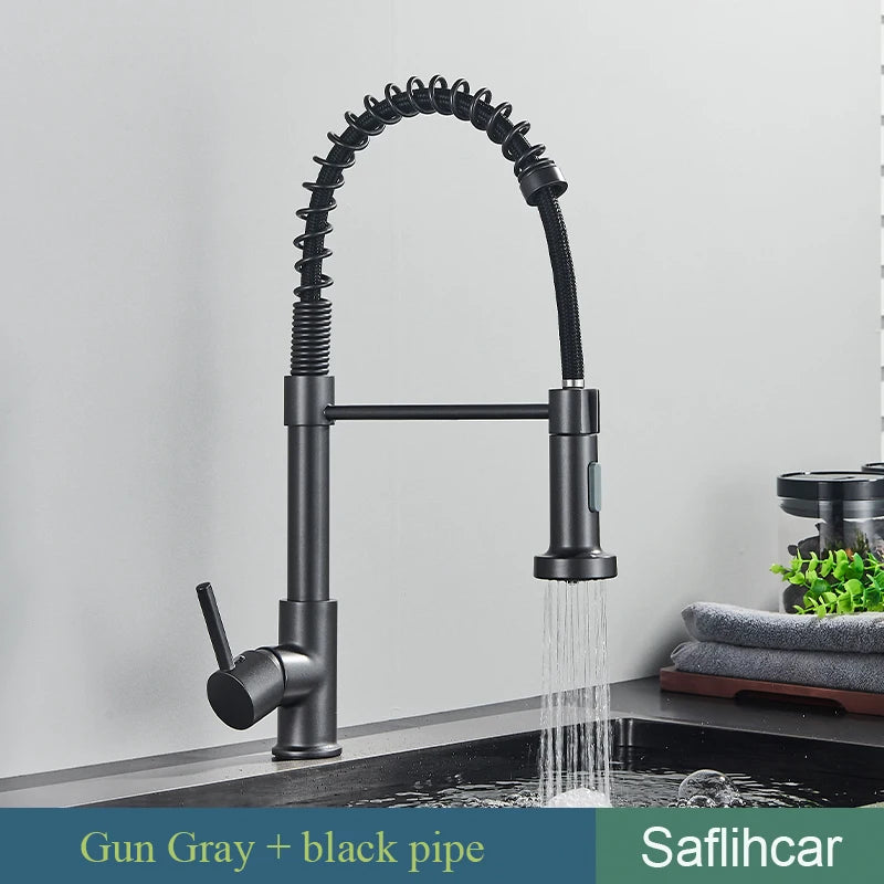 Brushed Gold Kitchen Sink Faucet Spring Pull-down Hot Cold Mixer Faucet Deck Installation Faucet