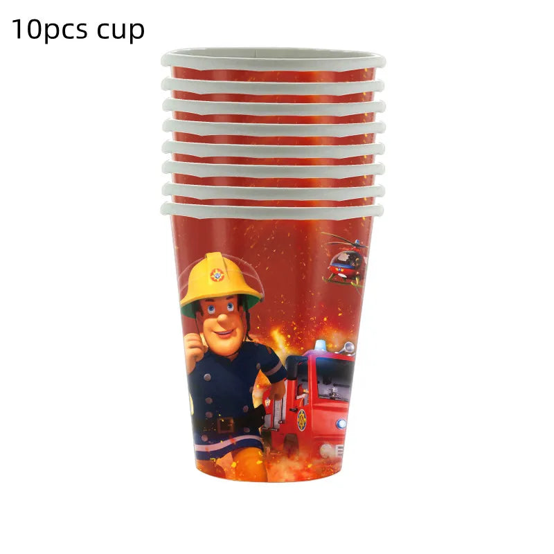 Fireman Sam Party Supplies Disposable Tableware Set Paper Plates Cups Tablecloth Fire Truck Birthday Party Decor Boys Baby Showe