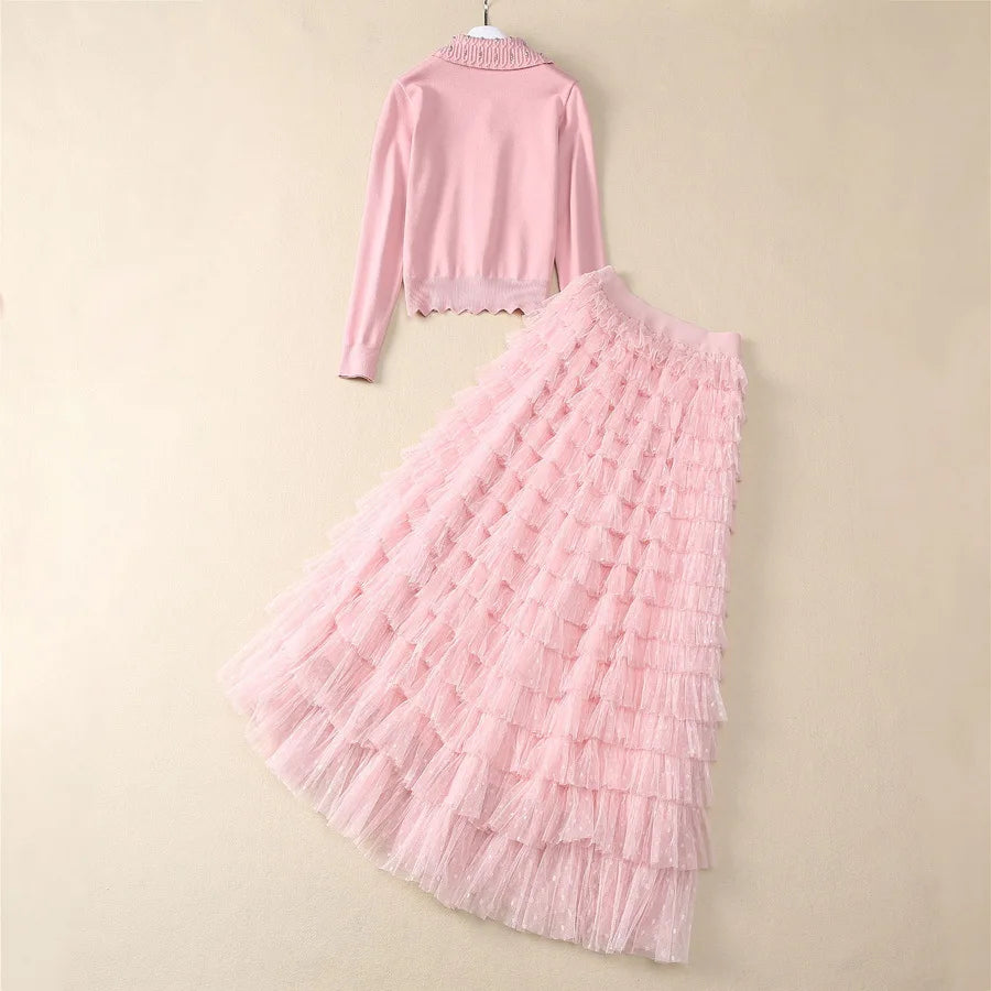 European and American women's clothing 2025 spring new Long sleeve beaded pink sweater Gauze cake skirt Fashion suit
