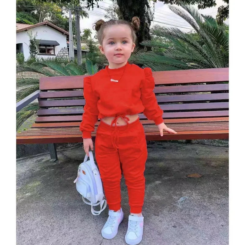 Children's Kids Girls Fall Clothing Outfits Solid Color Long Sleeve Crop Tops+Sport Pants Trousers Fashion Clothes Sets 1-7Y