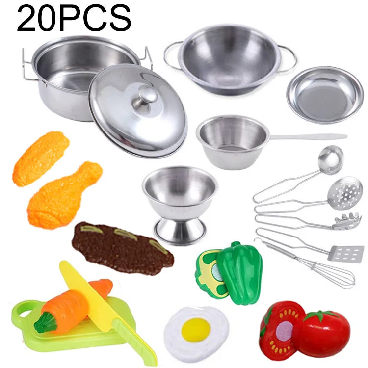 13/15/20PCS Kids Kitchen Toy DIY Pots and Pans Mini Stainless Steel Cookware Pretend Cooking Utensils Toy Set