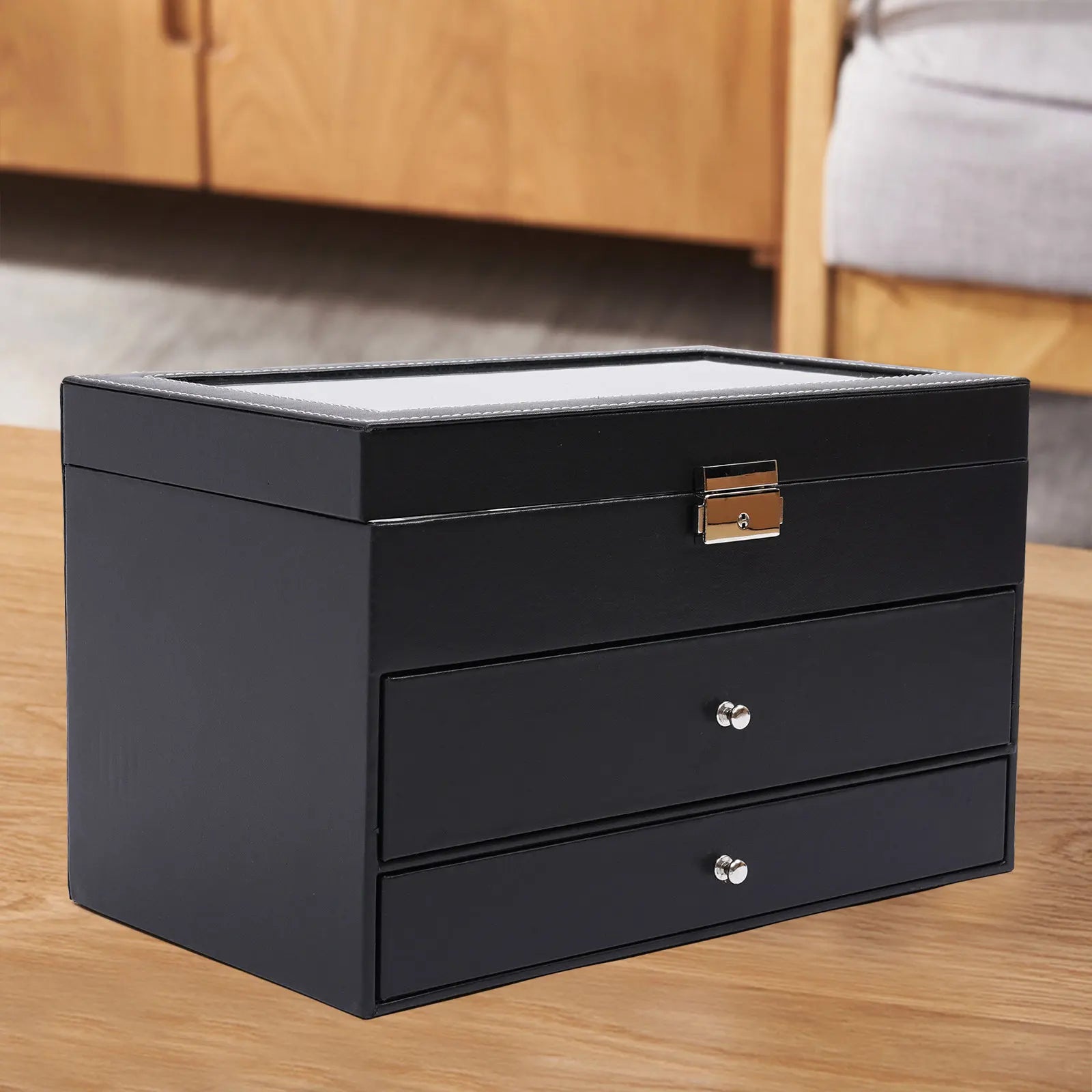 3 Layer Black Leather Watch And Eyeglasses&Sunglasses Box With Jewelry Display Drawer Metal Buckle Case Organizer