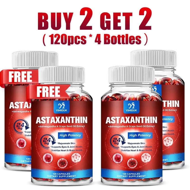 Astaxanthin 24 Mg Capsules, with Grape Seed Oil & Ashwagandha Root Extract, for Healthy Vision, Boosts lmmunity, Radiant Skin