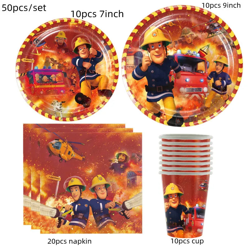 Fireman Sam Party Supplies Disposable Tableware Set Paper Plates Cups Tablecloth Fire Truck Birthday Party Decor Boys Baby Showe