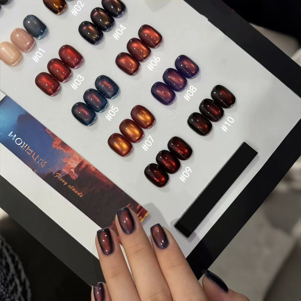 10ML 1-10PCS Sunrise Cat Eye Nail Glue Popular Winter Red Colors Silk Glass Bead Chasing Light Magnet Cat Eye Nail Polish Gel