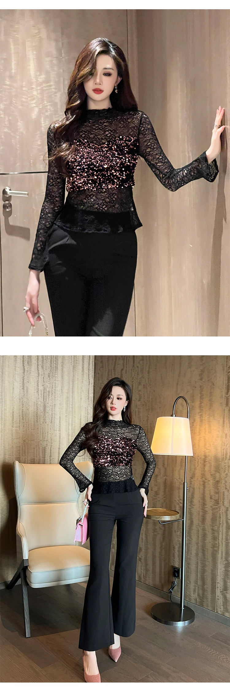 Women's Clothing Chic Black Lace Sexy T-Shirt Ladies Elegant Perspective Short Blouses Sequin Tops Bottom Pullover Jumper Party