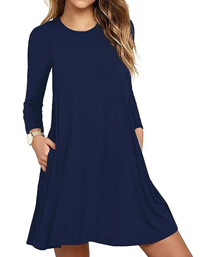 Women's Clothing New Autumn Winter Dress Solid Color Round Neck Swing Pocket Swing