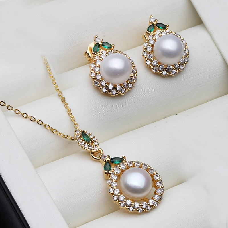 Wedding 18K Gold Plated Jewelry Set With Pearl Earrings And Necklace Wife Mother Anniversary Gift White Pink Black Gray