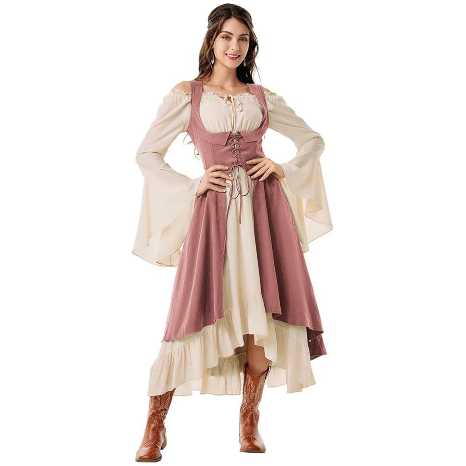Womens Vintage Cosplay Party Costumes Halloween Pirate Costume Captain Huntress Clubwear Corset Dresses  Renaissance GothicLong