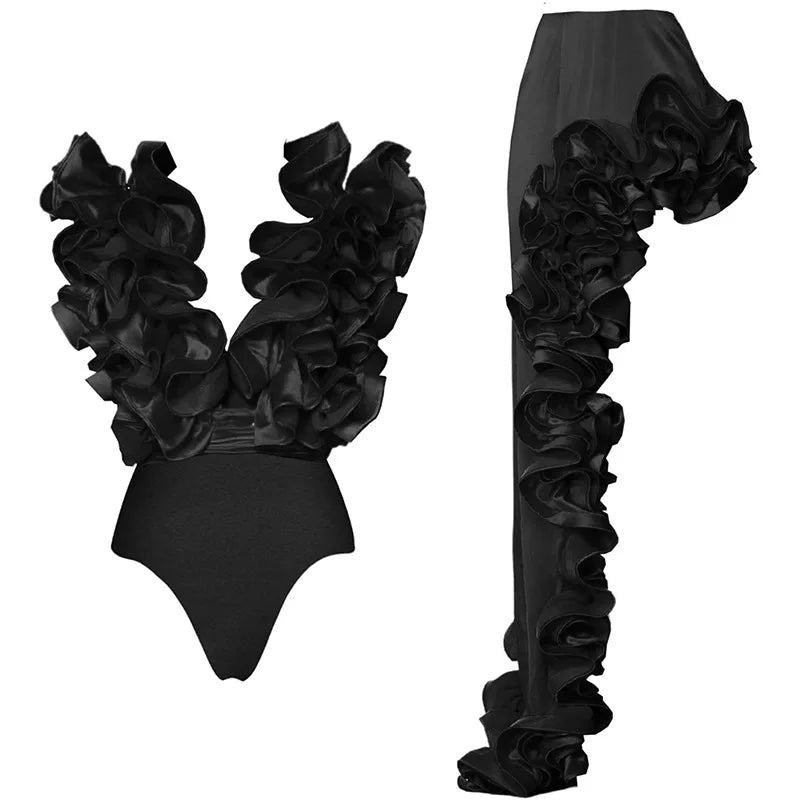 Bikini Bodysuit Swimwear Women With Skirt Bathing Suit Summer New Ruffle Splice Print Beachwear Holiday Bikini Cover Ups Outfits