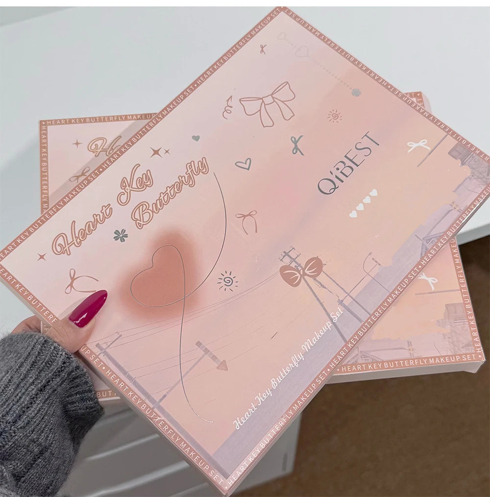 QIBEST Face Makeup Set 4pc Double End Lip Glaze, Pressed Powder,Blush,Eyeshadow, Eyebrow Pen,Eyeliner,Lip Oil Gift Cosmetics