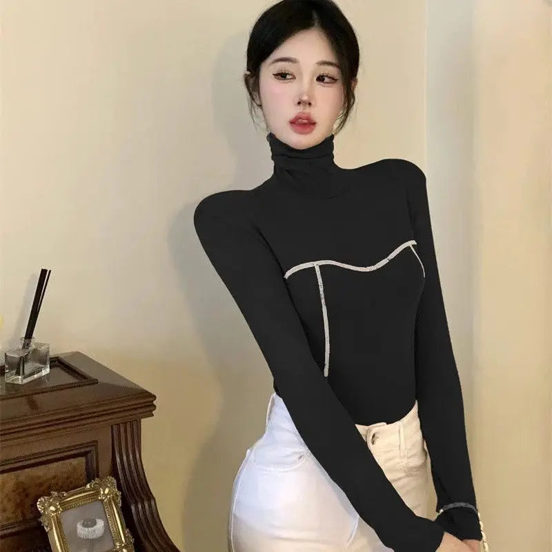 Women's Clothing Autumn Winter Korean Fashion High Collar Y2K Sexy Basic T-shirts Elegant Chic Black White Long Sleeve Slim Tops