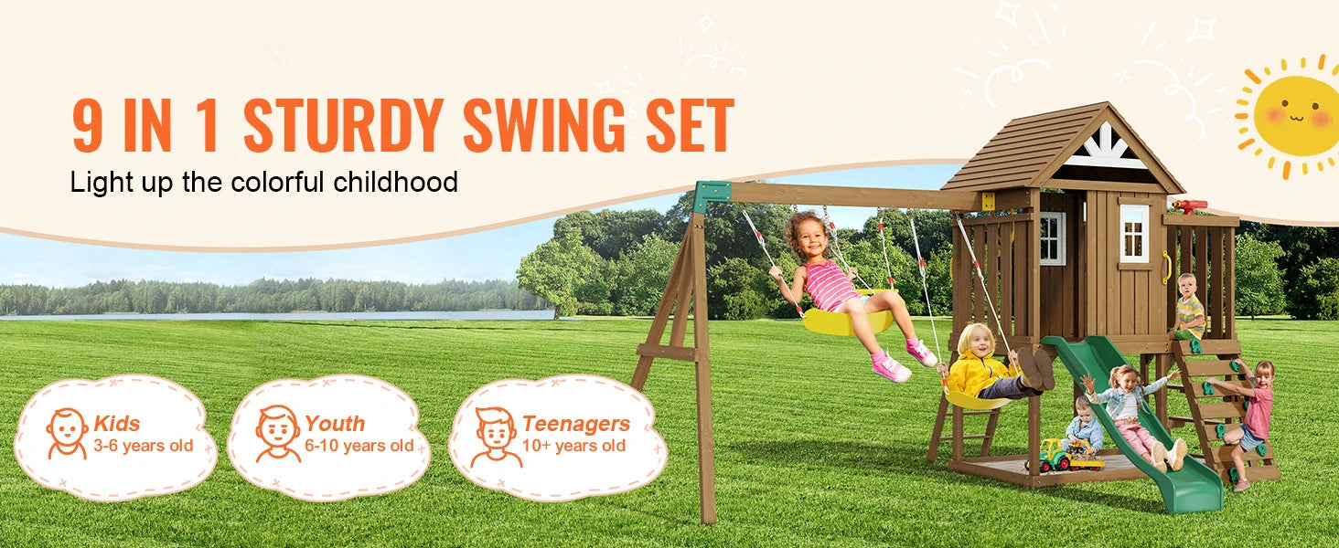 SucceBuy Wooden Swing Set 9/10 IN 1 Outdoor Playground Sets for Backyards 2 Swings Trapeze Bar 6 FT Slide Large Upper Fort