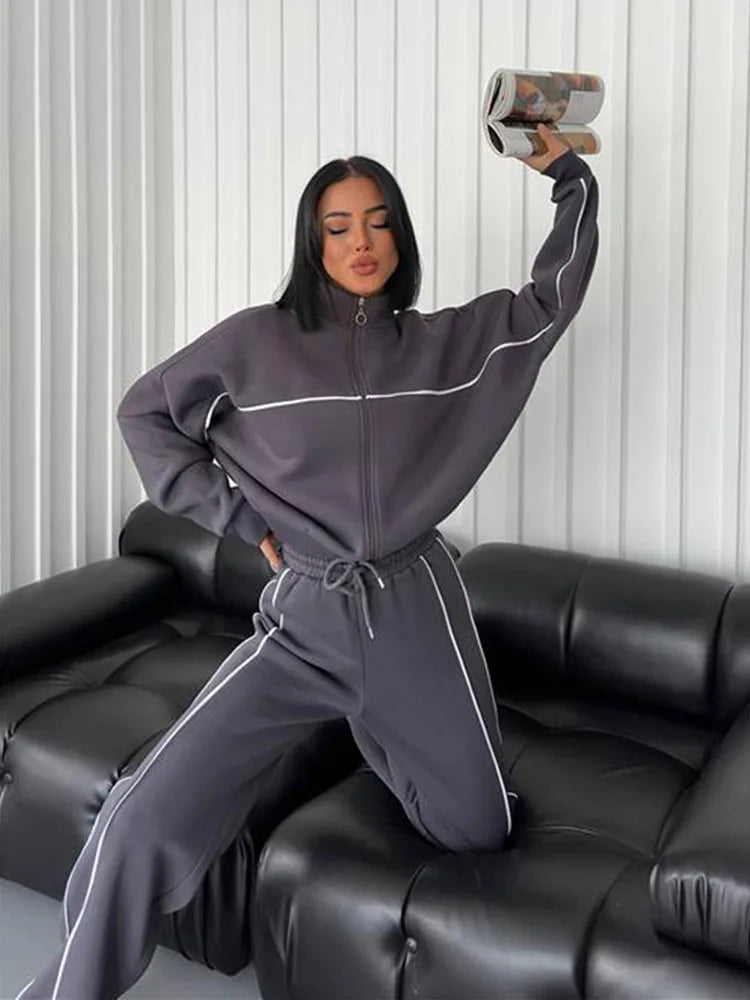 womens clothing 2 pieces set Casual Sports Suits Long Sleeved Half High Collar Cardigan Sweater Trouser Tracksuit Women Clothing