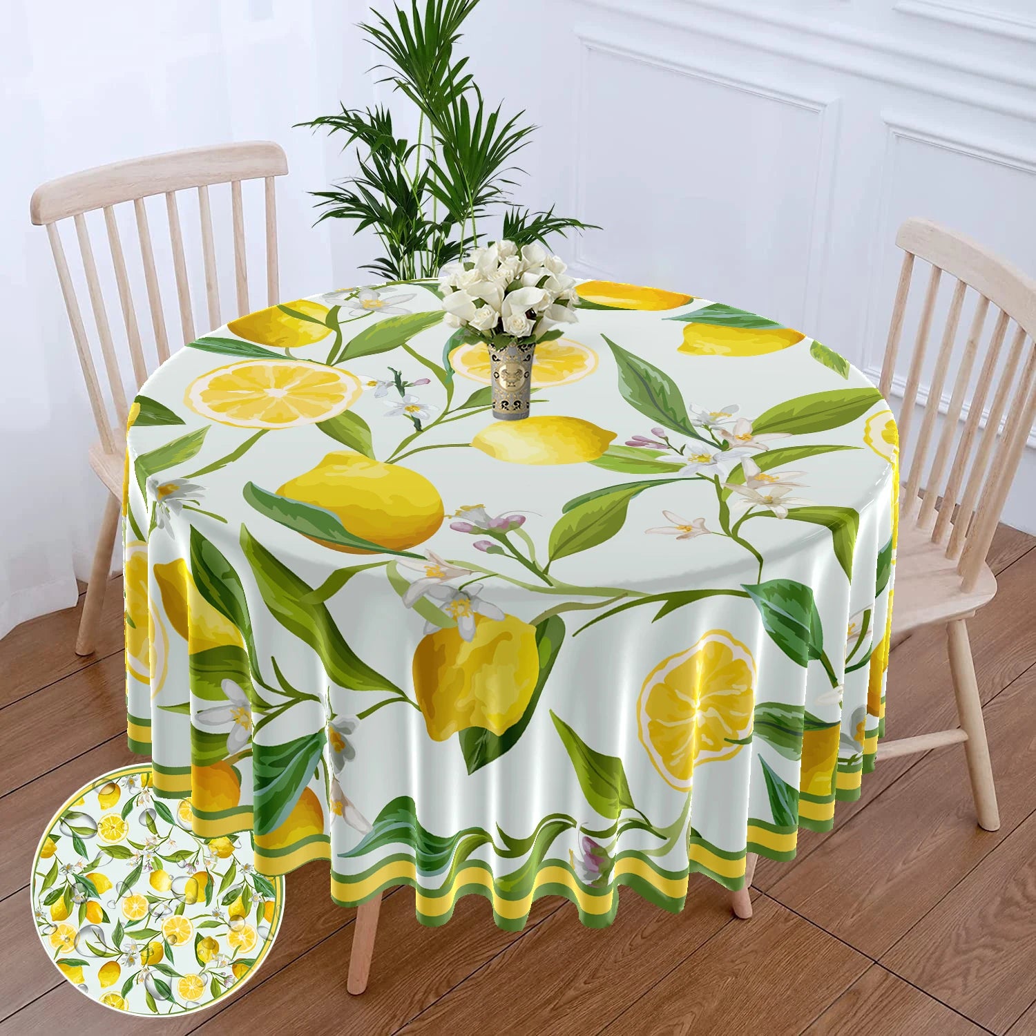 1 Piece Black White Checkered Circular Tablecloth Waterproof Dining Table Cover Lemon Bohemian Style 63 inch Tablecloth