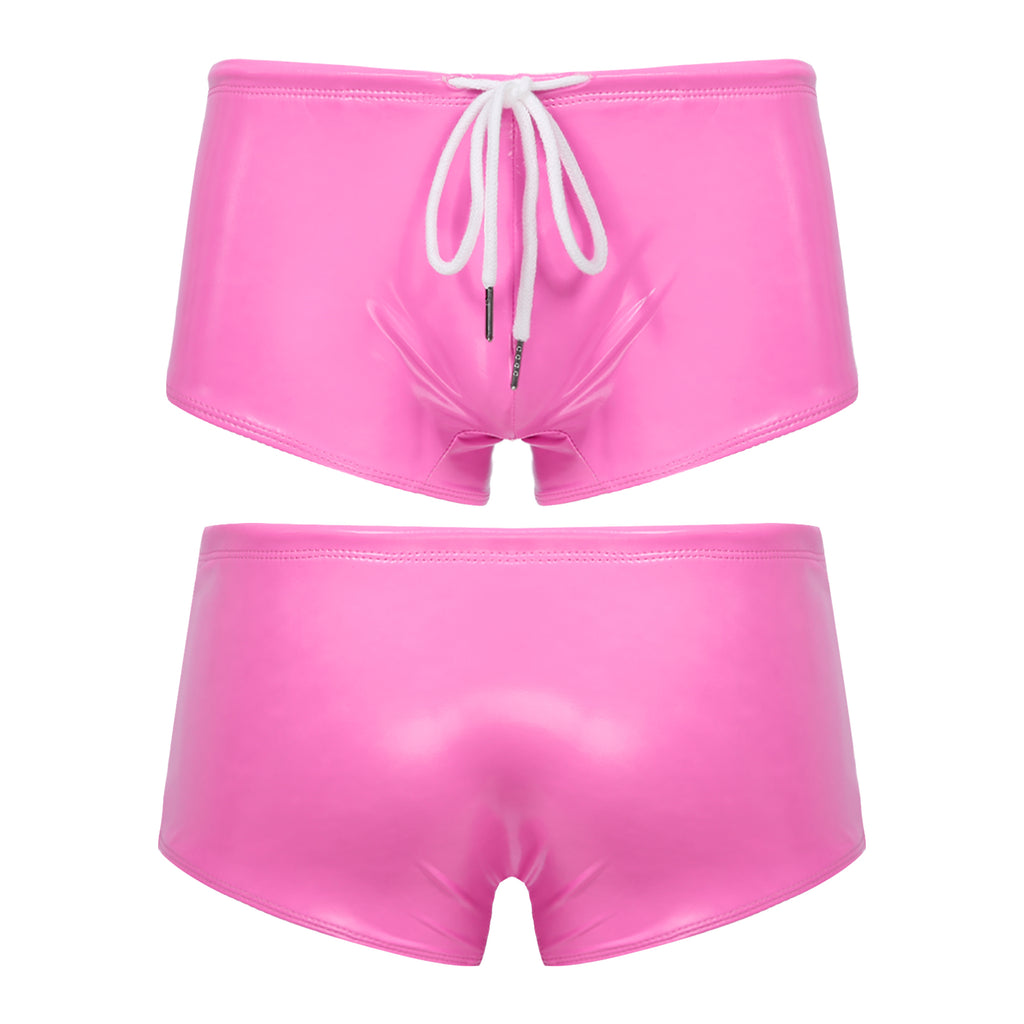 Men Swimming Trunks Wet Look Patent Leather Shorts Short Pants Low Rise Drawstring Boxer Shorts Beach Swimwear Party Clubwear