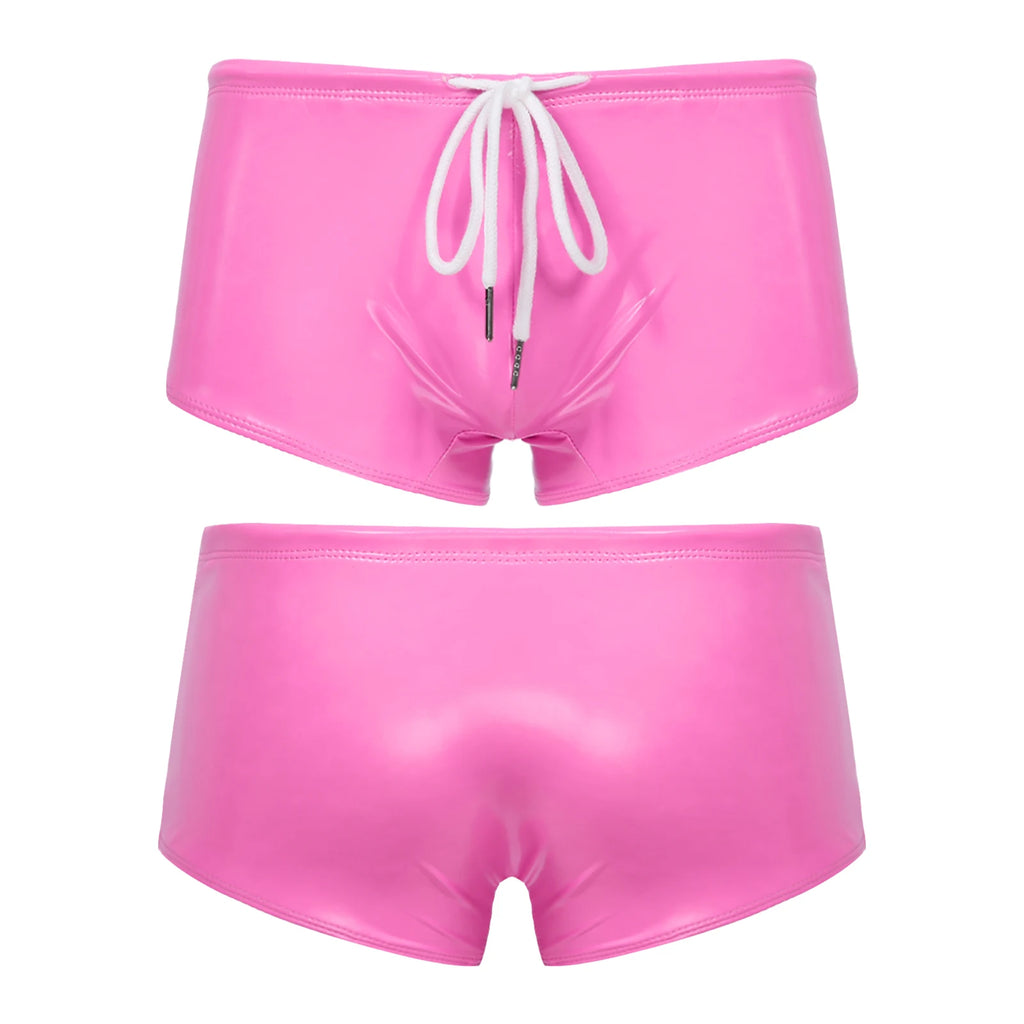 Men Swimming Trunks Wet Look Patent Leather Shorts Short Pants Low Rise Drawstring Boxer Shorts Beach Swimwear Party Clubwear
