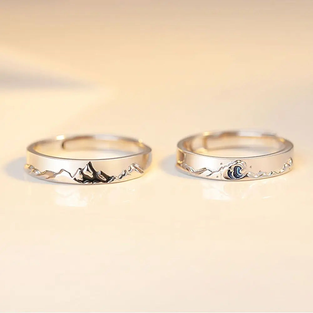 Fashion Couple S925 Silver Plated Personality Epoxy Mountain and Sea Adjustable Rings Love Anniversary Gift