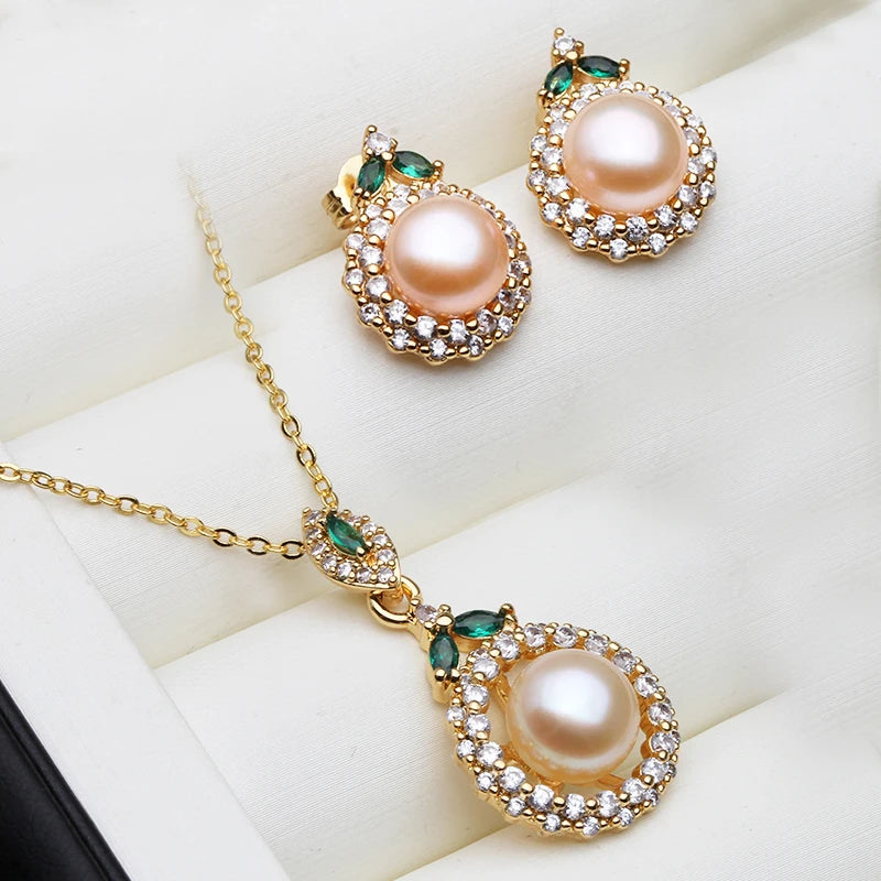 Wedding 18K Gold Plated Jewelry Set With Pearl Earrings And Necklace Wife Mother Anniversary Gift White Pink Black Gray