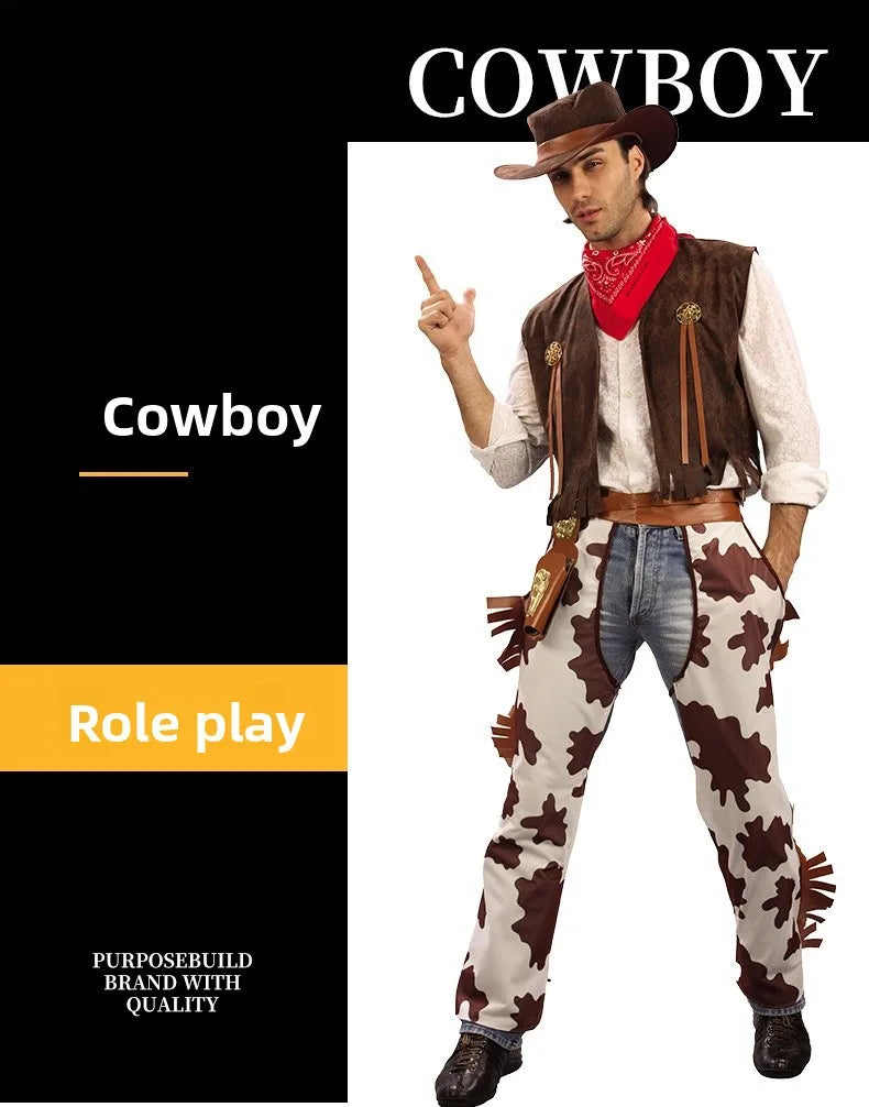 Adult Men's Western Cowboy Costume Halloween Cosplay Masquerade Role-playing Performance Outfit Traditional Chinese Stage Cos...