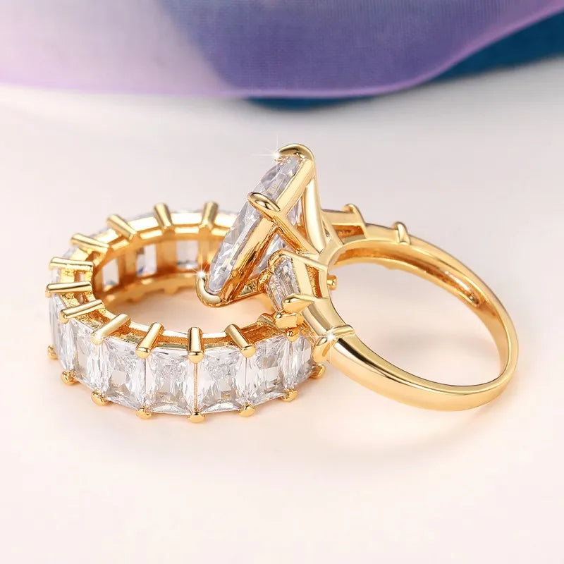 CAOSHI 2Pcs/Set Gorgeous Wedding Rings for Women Brilliant Cubic Zirconia Finger Jewelry for Anniversary Party Fashion Lady Gift