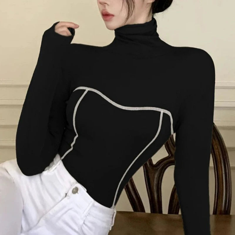 Women's Clothing Autumn Winter Korean Fashion High Collar Y2K Sexy Basic T-shirts Elegant Chic Black White Long Sleeve Slim Tops